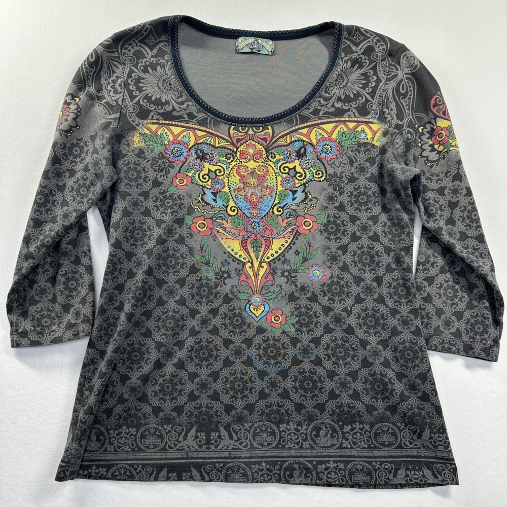 Vtg Y2K Vanilla Sugar Damask Embellished Top Sz L Gray Graphic Tattoo 3/4 Sleeve